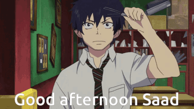a man in a tie is holding a pair of scissors in his hand and the words good afternoon saad are below him
