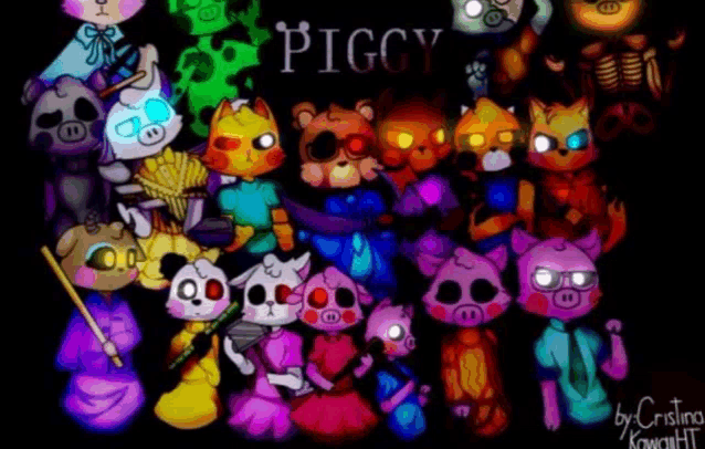 a group of cartoon pigs standing next to each other on a black background .