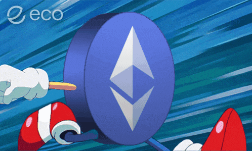 a cartoon character is holding a blue coin with an ethereum logo