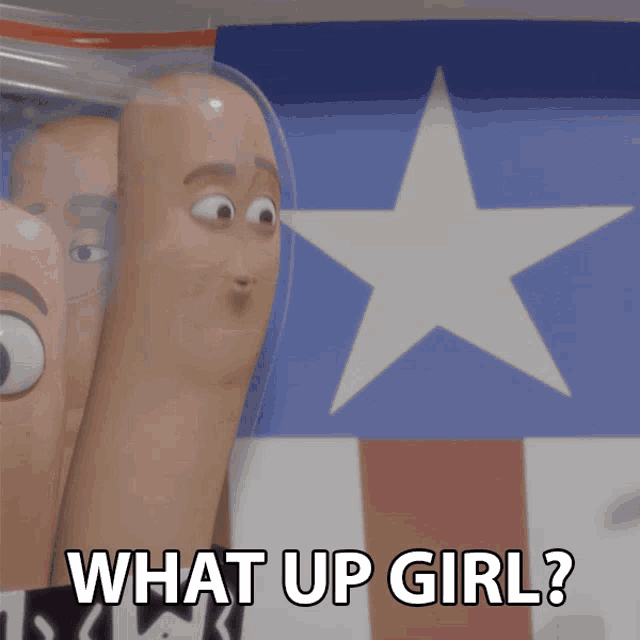 a cartoon character says " what up girl " in front of a patriotic flag