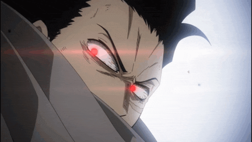 a close up of a man with red eyes
