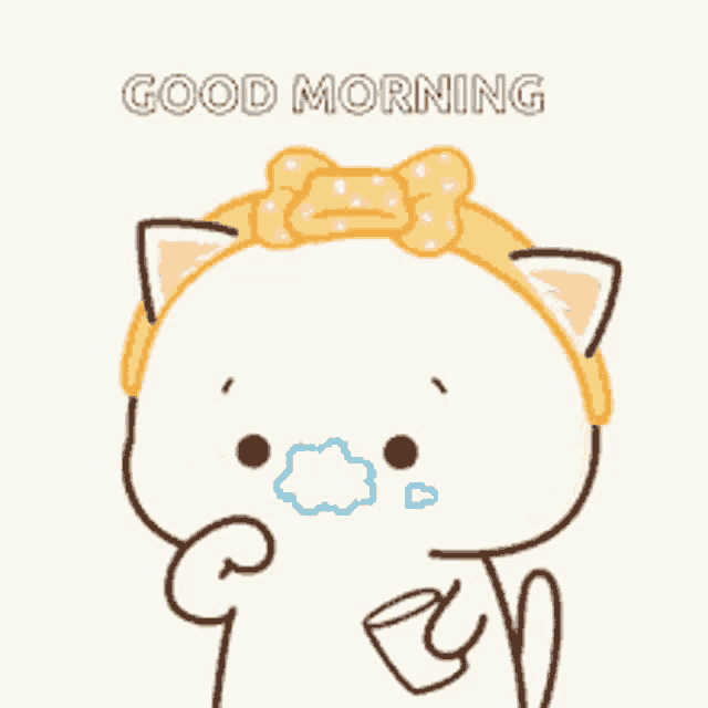 a cat with a bow on its head is brushing its teeth and says good morning