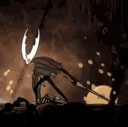 a cartoon character is holding a sword in a dark cave