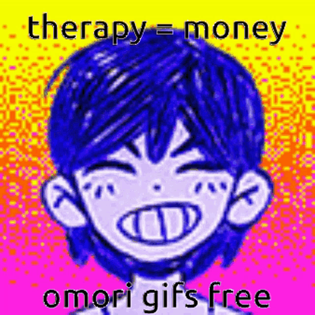 a cartoon of a boy with blue hair is smiling and says `` therapy = money , omori gifs free '' .