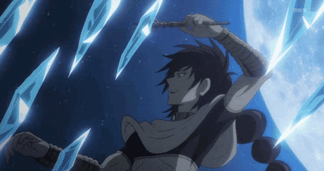a cartoon of a man holding a stick with ice coming out