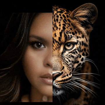 half of a woman 's face is shown next to a half of a leopard 's face