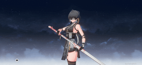 a screenshot of a video game shows a woman holding a long sword
