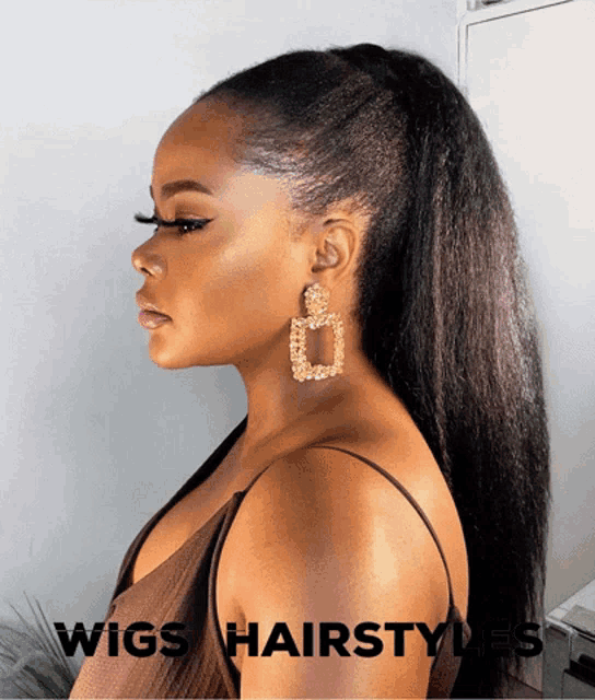 a woman is wearing a ponytail and earrings with the words wigs hairstyles visible
