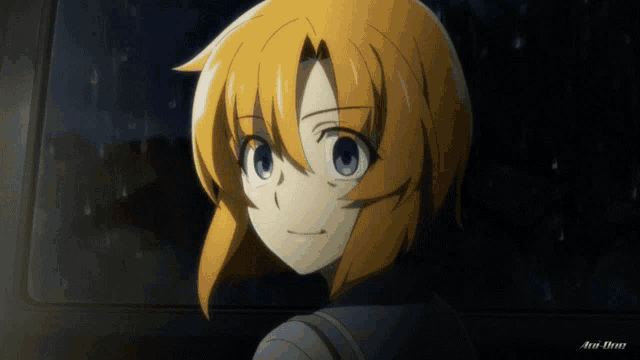 a girl with orange hair and blue eyes is standing in front of a window with the word art on the bottom left