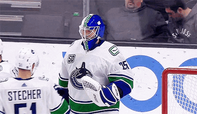 a hockey player wearing a number 25 jersey stands in front of a net