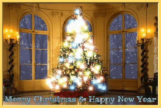 a christmas card with a christmas tree and the words merry christmas and happy new year