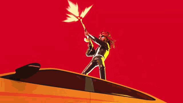a cartoon of a man holding a gun standing on top of a yellow car