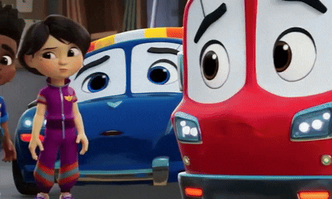 a girl in purple pants stands next to a red car with big eyes