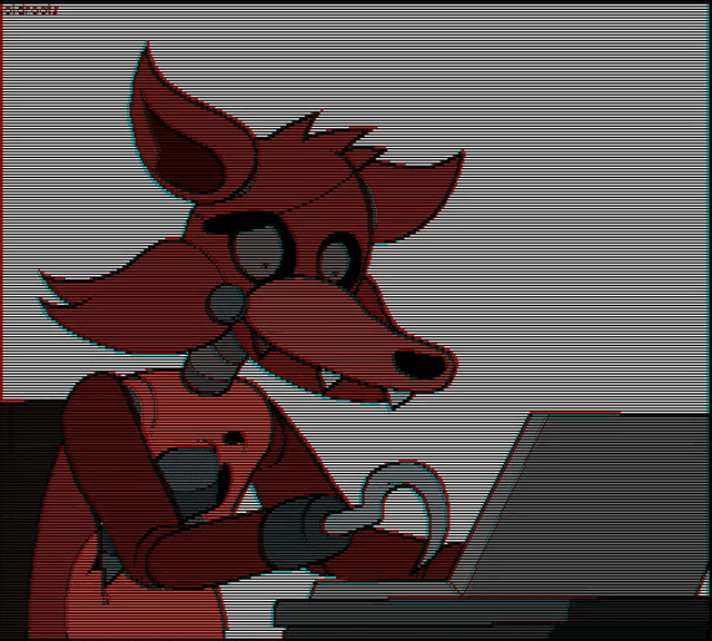 a pixel art drawing of a fox using a laptop computer