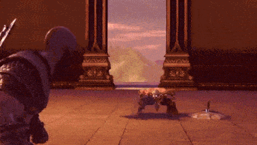 a video game character standing in front of a door