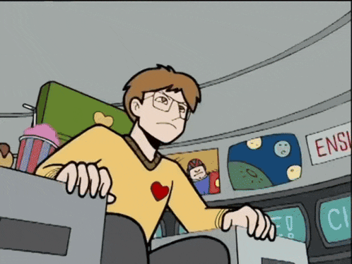 a cartoon of a man sitting in front of a sign that says ' ensu ' on it