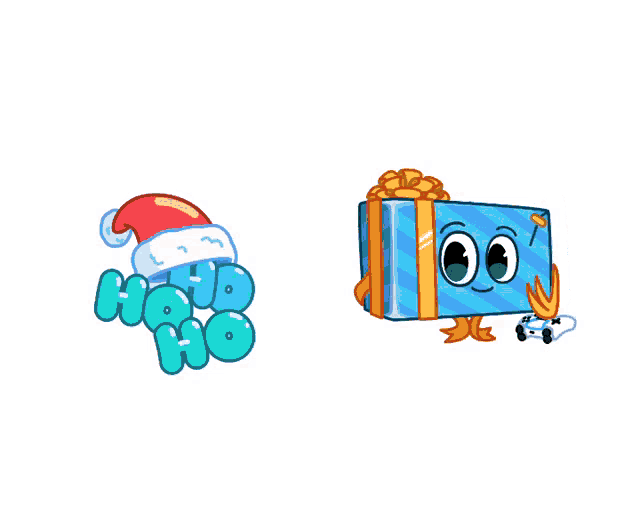 a cartoon drawing of a santa hat next to a cartoon drawing of a gift box that says ho ho ho