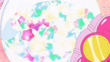 a girl with pink hair is holding a blue object in her hand