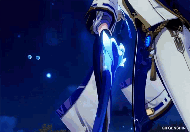 a close up of a person holding a sword with the word gifgenshin on the bottom right