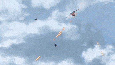 a red jet is flying through a cloudy sky with missiles coming out of it