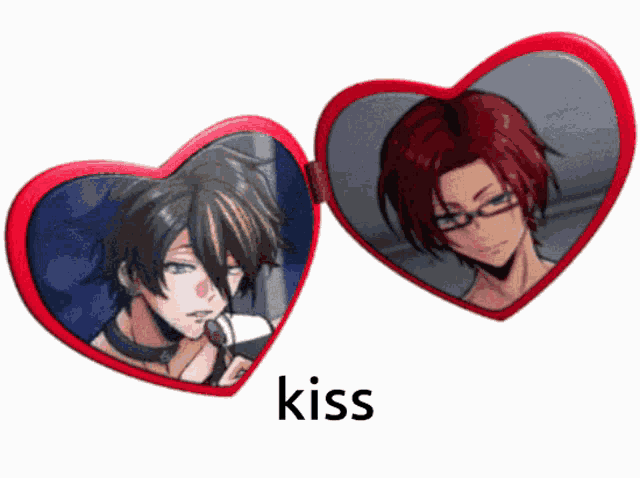 two heart shaped mirrors with the word kiss on the bottom right