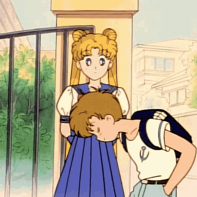 a cartoon drawing of a girl standing next to a boy with a backpack on his back