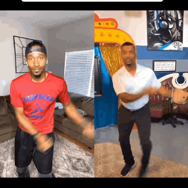 a man in a red shirt that says ' atlanta ' on it is dancing