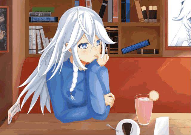 a drawing of a girl sitting at a table in front of a bookshelf with a book titled " foot "