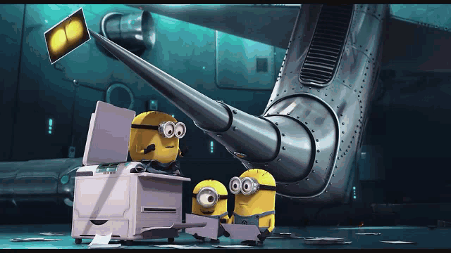 a group of minions are looking through a telescope in front of a machine