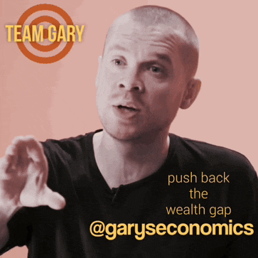 a man in a black shirt says push back the wealth gap @garyseeconomics