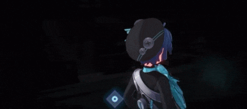 a cartoon character is holding a sword in a dark room with a blue background .
