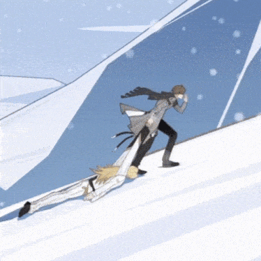 a cartoon of a man pushing another man down a snow covered slope