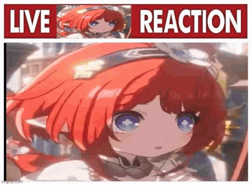 a little girl with red hair and blue eyes is standing in front of a live reaction sign .