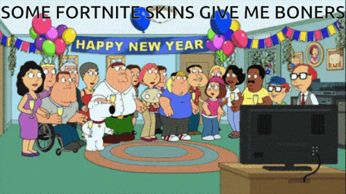 a family guy cartoon shows a happy new year banner