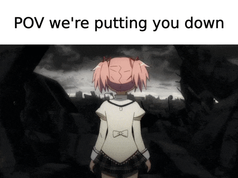 a picture of a girl with pink hair and the words pov we 're putting you down above her