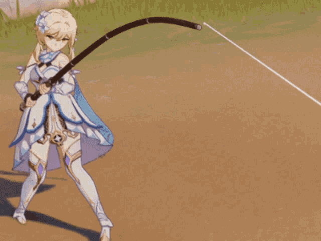 a girl in a white and blue dress is holding a long stick