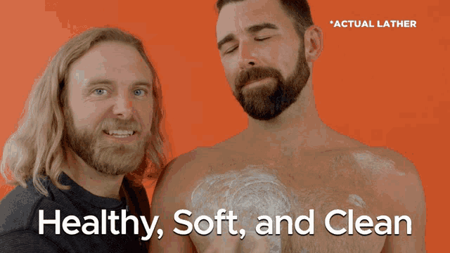 two men are standing next to each other with the words healthy soft and clean on the bottom right
