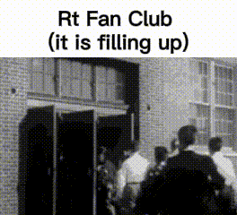 a black and white photo of people standing outside of a building with the caption rt fan club