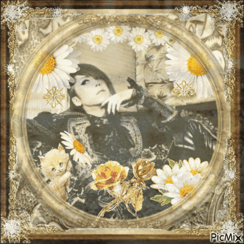 a picture of a woman surrounded by daisies and a cat with the words picmix on the bottom