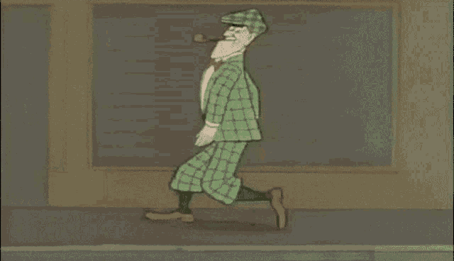 a cartoon of a man in a green suit and hat walking down the street .
