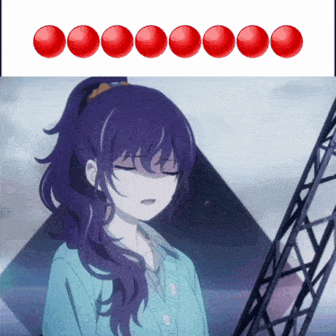 a girl with purple hair and a ponytail stands in front of a row of red circles