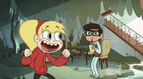 a boy and a girl from star vs the forces of evil standing next to each other