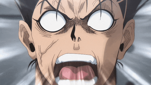 a close up of a person 's face with their mouth open and white eyes