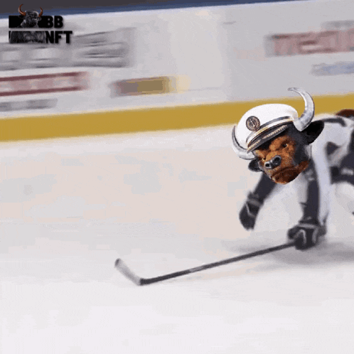 a bull with horns is holding a hockey stick