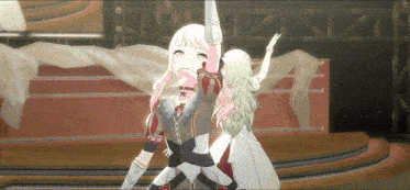 a couple of anime characters are dancing on a stage .