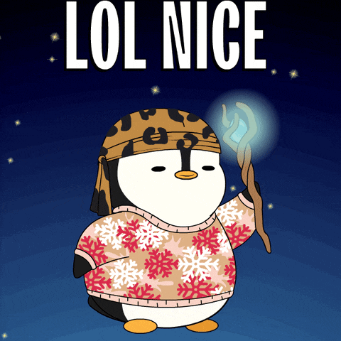 a penguin wearing a sweater with snowflakes is holding a wand and the words lol nice behind him