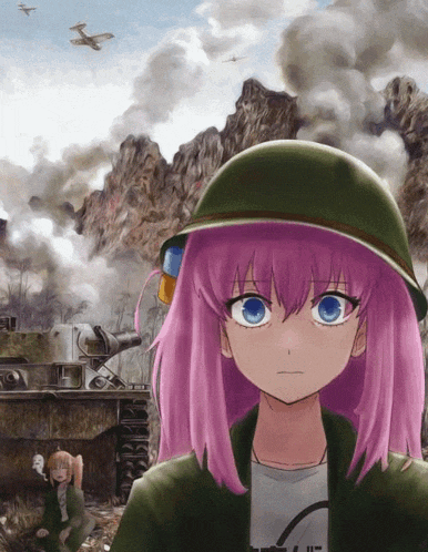 a girl with pink hair is wearing a helmet in front of a tank