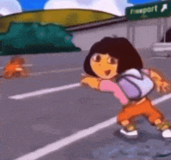 a cartoon character named dora is walking down a street .