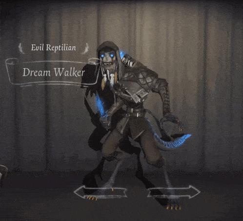 a video game character named evil reptilian is holding a long blue sword