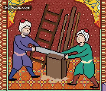 a pixel art illustration of two men using a saw